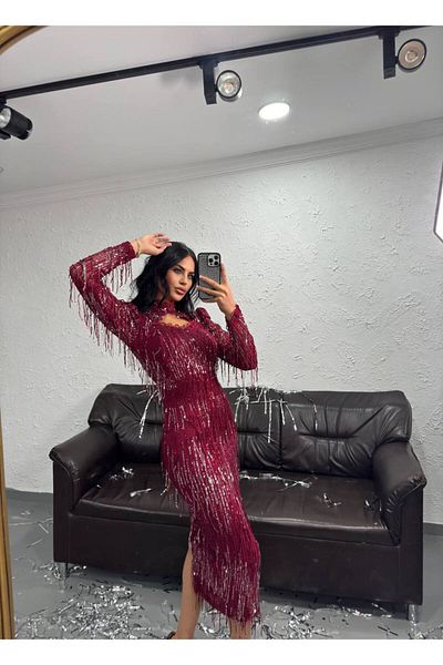 1Moda1Tarz Γυναικείο φόρεμα με κόκκινο κρόσσια παγιέτες από ύφασμα