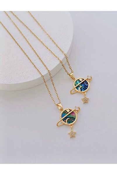 My secret GEZEGEN YILDIZ ÇELİK MAVİ YEŞİL MİNELİ GOLD KOLYE