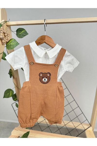 Minizade BEAR EMBROIDERED FLAT WHITE BADED SALOPET DOUBLE SET