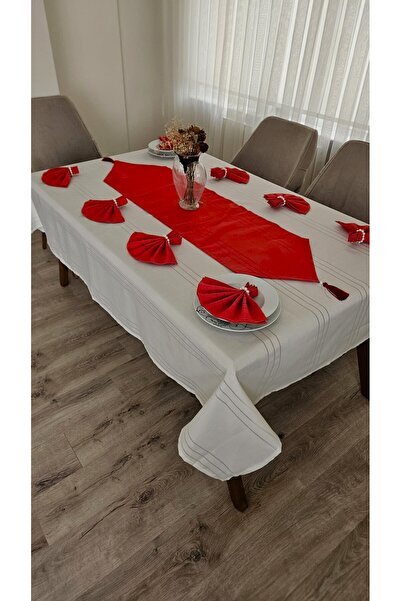 ZESA HOME Colber Stripe Detaljan Stolnjak (krem-crvena) 18 komada za 8 osoba ...