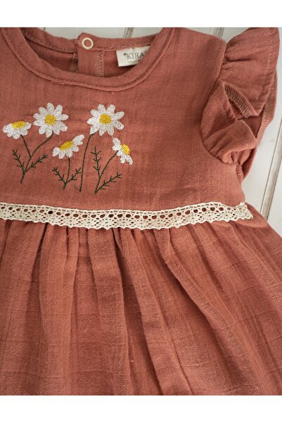 Kirazkids Rosie Kısa Kollu Müslin Elbise - Papatyalı Kiremit