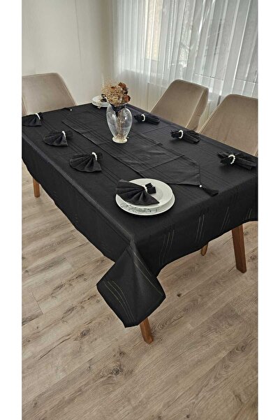 ZESA HOME Colber Çizgi Detaylı Masa Örtüsü Siyah 8 Kişilik 18 Parça - Masa 16...