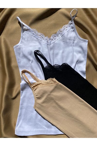 MODALİNOSA V-Neck 3-Piece Cotton Blouse - Rope Strap, Ribbed and Lace, Black-White-Skin (Atlet)