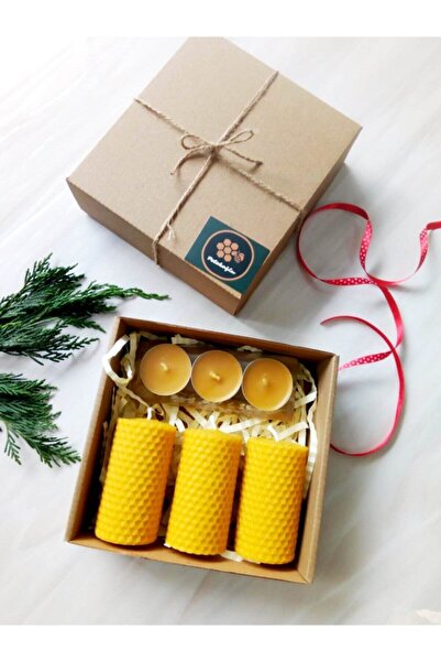 Petekoğlu Bal Mumu Doğal Petek 3 Lü Tealight Mum Ve Boy 7 Çap 4.5 Balmumu Mum...