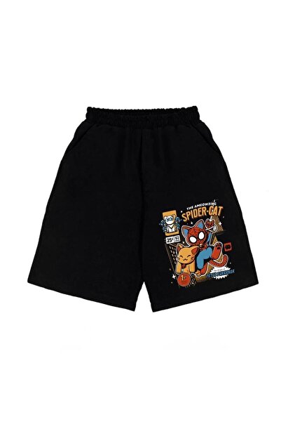 Hunors Sportswear & Company Μαύρο Unisex χτενισμένο βαμβακερό σορτς - Spider-Cat Printed
