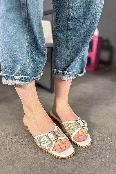 SHOEBELLAS Papuci de damă Joan, piele albă, cu cataramă de paie