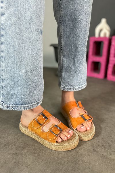 SHOEBELLAS Orange Suede and Double Buckle Detailed Luster Women's Slippers