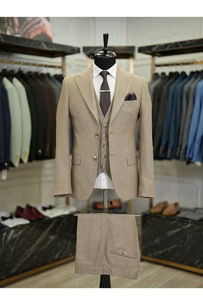 LONATOLİA Italian Style Slim Fit Men's Suit - Swallow Collar, Milk Coffee Jacket, Vest and Pants
