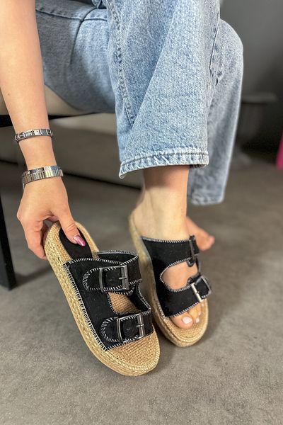 SHOEBELLAS Papuci de damă Luster Black Suede Cataramă dublă