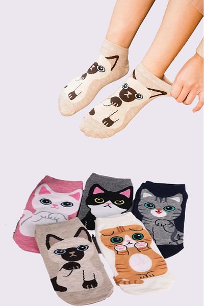 Laula Cat Patterned Women's Short Socks Cotton