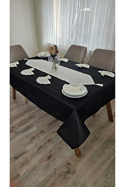 ZESA HOME Față de masă Colber Stripe Detaliată Negru-Crem 8 Pers 18 Bucăți - ...