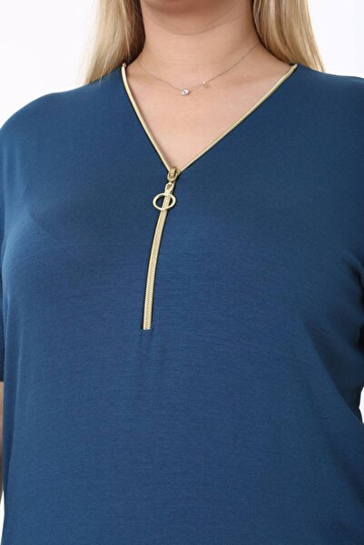 garajmood Petrol Mavisi Yaka Fermuar Detaylı Büyük Beden Bluz