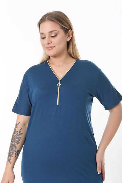 garajmood Petrol Blue Collar Zipper Detailed Plus Size Blouse