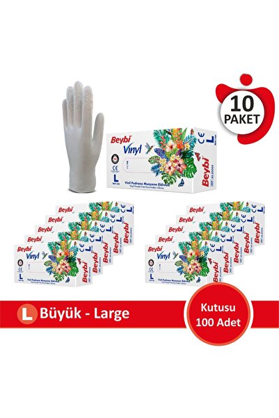 Beybi Vinil Pudrasız Muayene Eldiven MDR - 100'lük Kutu (L BEDEN) 10 Paket