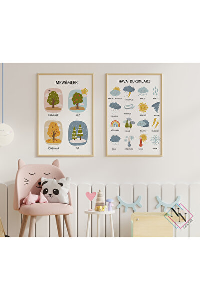 NN DECOR Mevsimler, Hava Durumu Eğitici 2'li Set - Doğal Ahşap Çerçeveli, Bebek Ve Çocuk Odası Tablo Seti