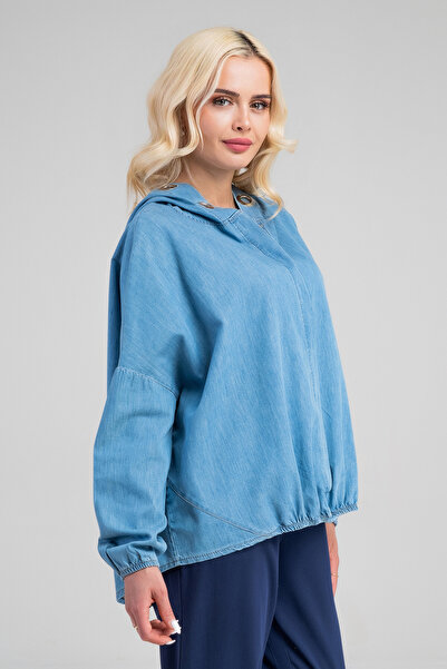 Bold & Young Жіноча світло-синя сорочка з капюшоном, рукавами з еластичними манжетами та принтом у вигляді пташиних очей