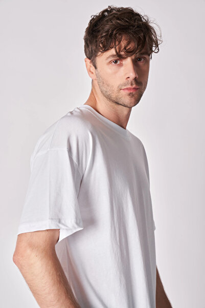 defys Ανδρικό μπλουζάκι με κοντό μανίκι με λαιμόκοψη με κοντό μανίκι, με υπερμεγέθη εφαρμογή, βασικό λευκό μπλουζάκι