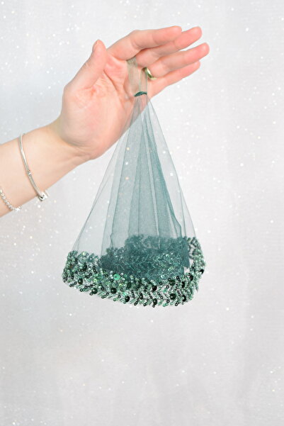 extrasepetim Yeşil Gelin Mendili - Pullu Boncuklu Pul Payet Zarif Su Taşlı Tü...