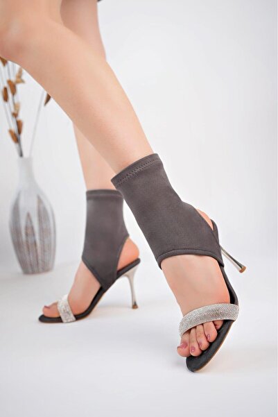 bescobel Women's Curtain Gray Stoned Cowhide Suede Stretch Galvanized Heel Ankle Boots 9 CM