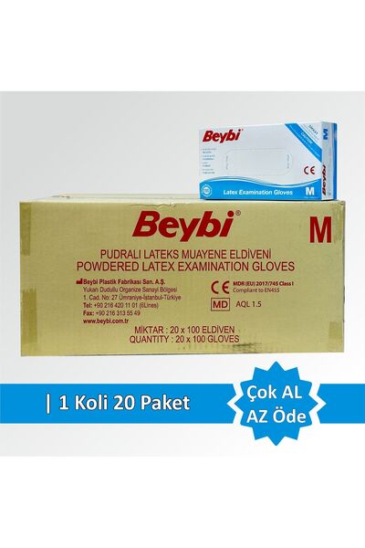 Beybi Lateks Pudralı Muayene Eldiveni MDR - 100'lük Kutu (M BEDEN) Koli 20 Paket