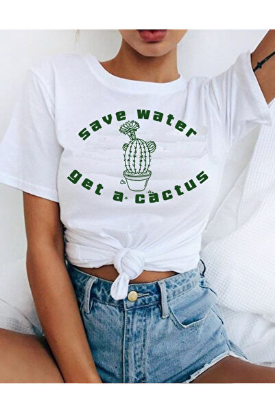 AEMİ Ženska majica Cactus Štampano 100% pamuk Kvalitet Oversize kroj Bela T-s...