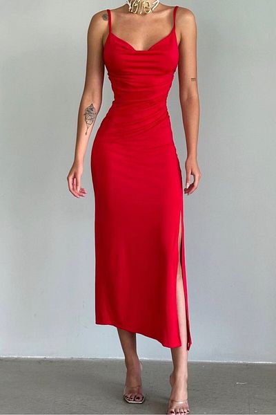Hisleria Sandy Fabric Side Slit Detail Degaje Collar Midi Length Suspender Dress - Red (invitation&wedding&graduation)