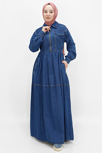 BYCOOLEST BUTİK Shirt Collar Pocket Zipper Deaty Hijab Denim Dress