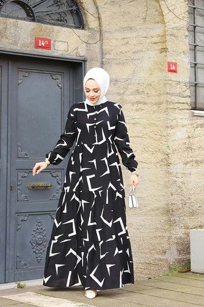 GÖKÇE CLOTHİNG Women's Patterned Belted Viscose Long Dress