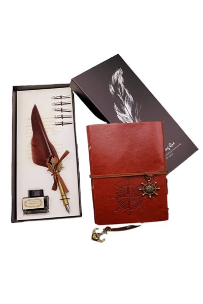 taşarzade Compass Designed Leather Cover Retro Notebook and Ink Feather Pen Dip Inkwell Set Special Vip Production