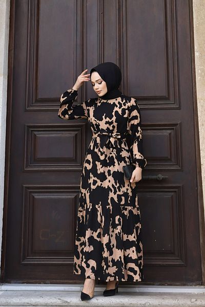 GÖKÇE CLOTHİNG Women's Patterned Belted Viscose Long Dress