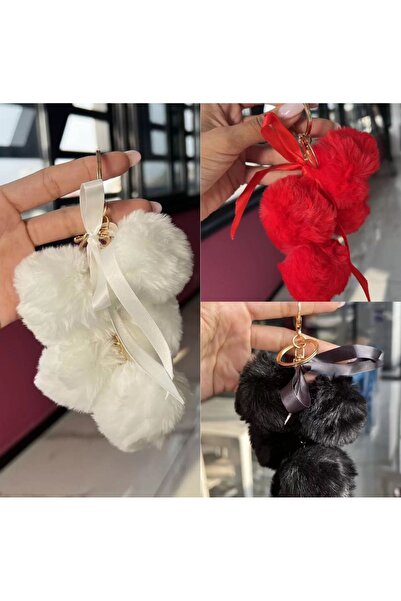 Zehra Aksesuar Çoklu Peluş Ponponlu Kırmızı Lüks Çanta Charm Anahtarlık Süs A...