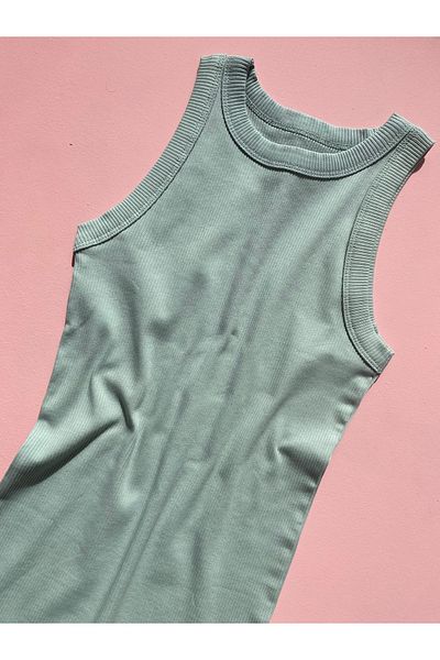 MODALİNOSA Green Colored Halter Collar Knitted Cotton Women's Athlete T-shirt