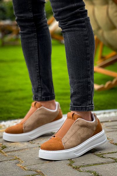 BZ Moda B-007 BT Мъжки маратонки без връзки с дебела еластична ортопедична подметка от велур, цвят норка/кафяво
