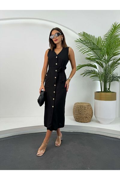 Elif Özbey Butik Φόρεμα από λινό μαύρο κουμπί
