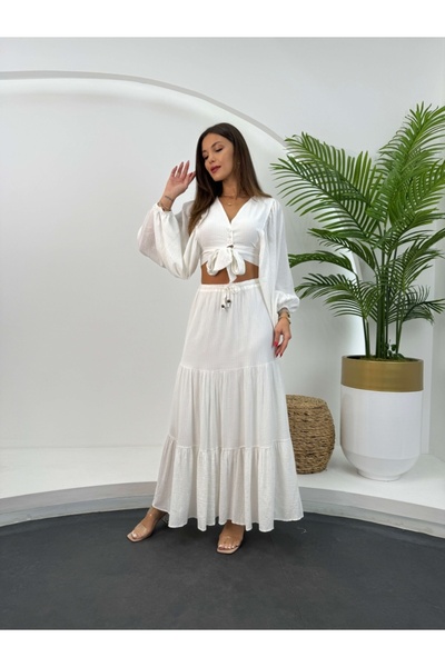 Elif Özbey Butik Fehér Balloon Sleeve Crop Szoknya szett