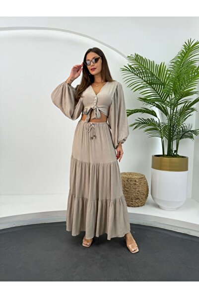 Elif Özbey Butik Mink Balloon Sleeve Crop szoknya készlet