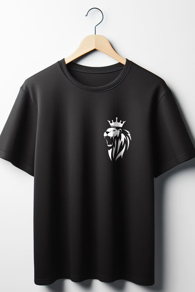 Vordevia Unisex majica Lion Štampano Oversize kroj crna - okrugla kragna