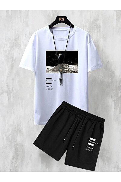 over head oh Унісекс Білий The Moon Принт Oversize Шорти Т-shirt Комплект