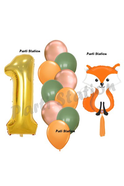Parti Station Woodland 1 Year Old Fox Balloon Set - Cute and Gold Number Bunch