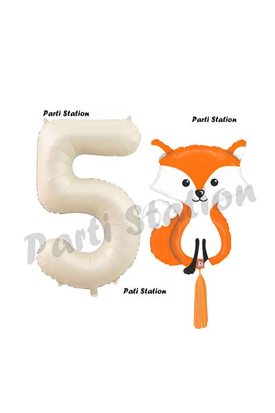 Parti Station Woodland 5 Year Old Balloon Set - Cute Fox and Cream Number Birthday Set