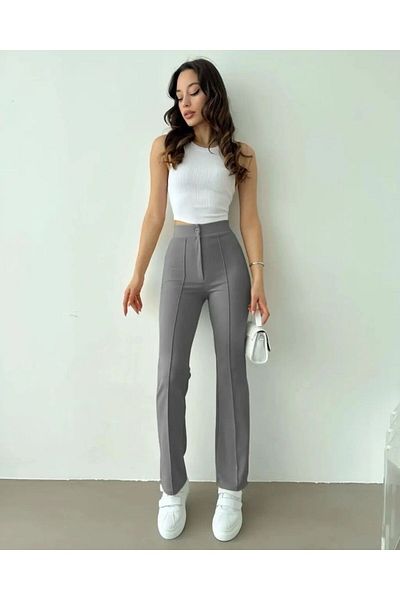 YMBRAND Women's High Elastic Waist Ribbed Stitched Decorative Button Grassy Spanish Leg Palazzo Pants
