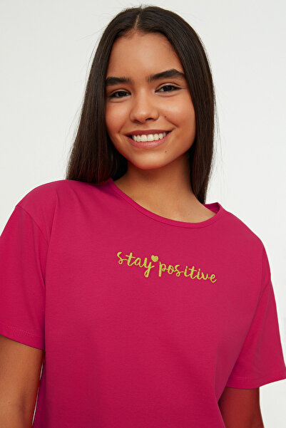 Trendyol Collection Fuchsia 100% Cotton Embroidered Ruffle Detailed Shorts Knitted Pajamas Set Thmss20Pt0165