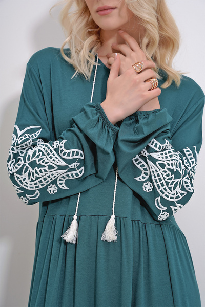 Trend Alaçatı Stili Γυναικείο Σμαραγδένιο Πράσινο γιακά Μανίκια Flock Printed Layered Flounced Viscose φόρεμα ALC-X12085