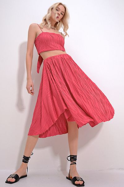 Trend Alaçatı Stili Női Coral Bustier és szoknyás felső és alsó szőtt készlet ALC-X12096