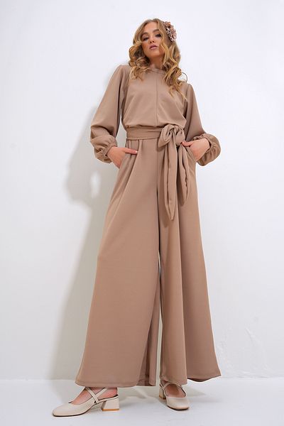 Trend Alaçatı Stili Damen Jumpsuit mit Stehkragen, Reißverschluss auf der Rückseite, Prinzessinnen-Ärmeln und Gürtel in der Taille, Stein ALC-X12041