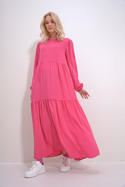 Trend Alaçatı Stili Rochie de damă, fucsia, cu gât de barcă, mânecă cu balon, stratificată, cu talie cu volan, cu curea, țesută din viscoză ALC-X12053