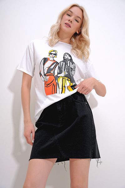 Trend Alaçatı Stili Γυναικείο T-Shirt White Crew Neck Γυναικείο εμπριμέ ALC-X12077