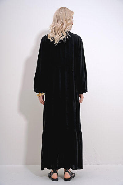 Trend Alaçatı Stili Γυναικεία μαύρη φούστα με λαιμόκοψη με κουμπιά από βισκόζη ALC-X12057