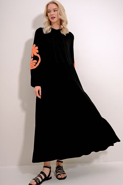 Trend Alaçatı Stili Women's Orange-Black Prevailing Collar Sleeves Flock Printed Layered Flounced Viscose Dress ALC-X12085