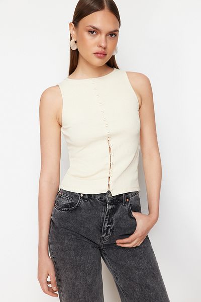 Trendyol Collection Πέτρινη Πλεκτή Πλεκτή Μπλούζα με Κουμπιά TWOSS24BZ00306